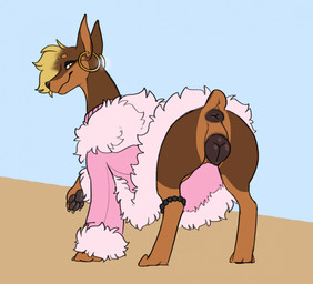 amber_eyes anatomically_correct anatomically_correct_anus anatomically_correct_genitalia anatomically_correct_vulva animal_genitalia animal_vulva anus asymmetrical_hair bedroom_eyes blonde_hair brown_body brown_fur butt canine_genitalia canine_vulva claws clothed clothed_feral clothing digitigrade docked_tail ear_piercing eyebrows eyelashes female female_feral feral fur genitals hair jewelry leg_accessory looking_at_viewer looking_back looking_back_at_viewer narrowed_eyes pawpads paws piercing pink_clothing presenting presenting_anus presenting_hindquarters presenting_vulva quadruped raised_tail rear_view ring_piercing seductive short_tail simple_background smile solo tail tail_anus tan_body tan_fur toe_claws vulva white_background y_anus halbean third-party_edit hornyfolk_(colorist) pepper_(halbean) canid canine canis dobermann domestic_dog mammal pinscher 2023 color_edit colored digital_media_(artwork) hi_res monochrome