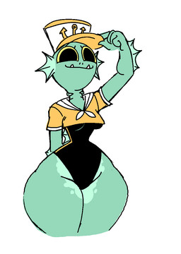 anthro big_butt big_eye big_pupils breasts butt clothing fangs female hat headgear headwear huge_hips non-mammal_breasts pose pupils sharp_teeth small_breasts smile solo teeth thick_thighs wide_hips diegutan merlin_brava aquatic fish