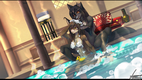 anthro assisted_bathing bath bathing black_bars black_body black_fur black_hair black_nose blush breasts brown_body brown_fur brown_hair bubble convenient_censorship duo female female/female fur green_eyes hair inside long_hair navel notched_ear nude orange_eyes pink_nose pupils rubber_duck scar sitting slit_pupils smile soap spread_legs spreading text tongue toy water wet iontoon aurah wyla_(character) canid canine canis mammal wolf 16:9 2016 censored english_text hi_res signature widescreen