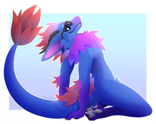 anthro black_sclera chest_tuft claws crotch_tuft ears_down eyewear fluffy fluffy_tail fur glasses hair hands_behind_back hands_on_ground horn kneeling looking_at_viewer male pawpads paws pivoted_ears raised_head raised_tail simple_background smile solo tail tail_tuft tuft wearing_glasses doodlejuni mythology dragon furred_dragon furred_scalie mythological_creature mythological_scalie nardoragon scalie hi_res lineless