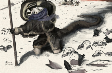 anthro biped black_body black_text blue_eyes bone clothed clothing eyelashes female fingers holding_object holding_staff long_tail outside skull snake_hood snow solo staff standing tail text white_sclera winter winter_clothing leprzil laura_(leprzil) cobra reptile scalie snake 2025 english_text hi_res signature