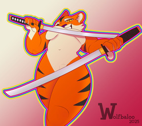 anthro breasts covering covering_breasts covering_crotch dual_wielding female fur holding_object holding_weapon katana looking_at_viewer looking_down melee_weapon nude outline simple_background smile solo striped_body striped_fur stripes sword weapon white_body white_fur wolfbaloo friends_vs_friends sable_santana felid mammal pantherine tiger digital_media_(artwork) hi_res