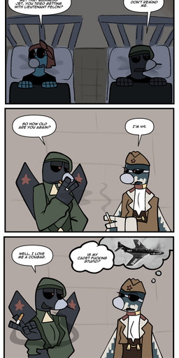 age_difference aircraft anthro beret cigarette clothed clothing dialogue female female/female flight_suit group grumman_f9f_cougar hat headgear headwear lying machine older_female on_back profanity smoking smoking_cigarette text trio under_covers vehicle bunchasticks grumman su-33 su-47 su-57 sukhoi flanker_(bunchasticks) miss_felon_(bunchasticks) vlada_(bunchasticks) aeromorph living_aircraft living_machine living_vehicle comic english_text hi_res mixed_media
