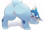 :3 anus bedroom_eyes blue_body blue_sclera blush bodily_fluids butt female feral genital_fluids genitals in_heat looking_back narrowed_eyes pussy quadruped rear_view seductive simple_background solo sweat vaginal_fluids white_background white_eyes park_horang nintendo pokemon eeveelution generation_1_pokemon pokemon_(species) vaporeon hi_res