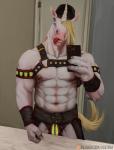 anthro bdsm blonde_hair bulge cigar electronics hair harness horn leather male muscular muscular_anthro muscular_male navel nipple_piercing nipples phone piercing pose ring selfie solo tattoo text asatrua mythology equid equine mammal mythological_creature mythological_equine unicorn hi_res url