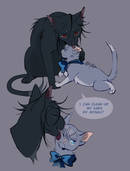 alternate_species ambiguous_gender black_body black_fur blue_eyes blush cheek_lick dialogue dipstick_tail duo ear_lick ear_piercing eyebrows face_lick fangs feral feralized forced forced_bathing forced_grooming forced_licking frown fur furrification grey_body grey_fur head_tuft licking markings neck_bow paws personal_grooming piercing red_eyes sitting smile snout social_grooming speech_bubble tail tail_markings teeth tongue tongue_out tuft young young_feral uneasywolf black_butler ciel_phantomhive sebastian_michaelis domestic_cat felid feline felis mammal absurd_res hi_res