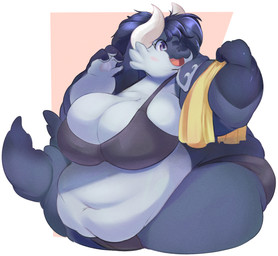 anthro beach_towel belly belly_overhang big_belly big_breasts big_butt bikini black_bikini black_clothing black_swimwear blue_body blue_hair bra breasts butt clothing curved_horn female hair happy horn huge_belly huge_breasts huge_thighs looking_at_object morbidly_obese morbidly_obese_female mostly_nude navel obese obese_female open_mouth overweight overweight_female purple_eyes simple_background smile solo swimwear tail thick_tail thick_thighs towel two-piece_swimsuit underwear wide_hips yellow_towel homemosaco komi_(fatty-sashimi) aquatic cetacean hybrid mammal whale_dragon 2024 digital_media_(artwork)