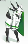 2019 5_fingers antelope anthro bent_over biped black_eyebrows black_horn black_tail bovid breasts clothed clothing digital_media_(artwork) eyebrows female fingers full-length_portrait fully_clothed fur grazing_antelope green_eyes green_hair hair hi_res holding_object hooves horn legwear libbie long_hair mammal multicolored_hair necktie open_mouth open_smile oryx pantyhose portrait short_tail signature smile solo standing tail teeth two_tone_hair white_body white_ears white_fur white_hair zeekzag