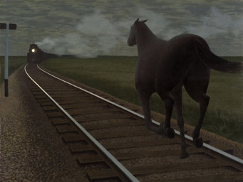 ambiguous_gender black_body black_fur black_hooves brown_body brown_fur feral fur grass hooves outside plant railway_track rear_view running solo steam train vehicle alex_colville equid equine horse mammal 1954 20th_century absurd_res ancient_art hi_res