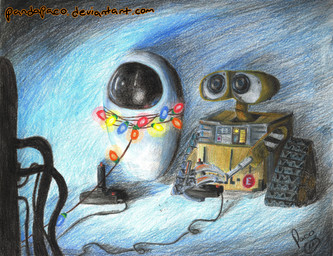 ambiguous_gender controller duo gaming glistening glistening_eyes holding_controller holding_object machine not_furry playing_video_game simple_background visor white_body yellow_body pandapaco disney pixar wall-e eve_(wall-e) wall-e_(character) extraterrestrial_vegetation_evaluator robot waste_allocation_load_lifter_earth-class 2009 absurd_res colored english_description hi_res signature spanish_description traditional_media_(artwork)