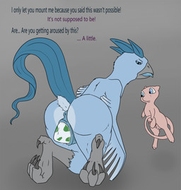 anthro anus balls claws duo egg feet female feral genitals male oviposition penis text vulva tiny_terrible nintendo pokemon articuno generation_1_pokemon legendary_pokemon mew_(pokemon) pokemon_(species) english_text hi_res