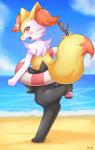 2017 absurd_res amber_eyes anthro beach black_body black_fur blush braixen claws cloud detailed_background female foxteru fur generation_6_pokemon genitals hi_res inflatable inner_tube looking_at_viewer nintendo nude open_mouth outside pawpads paws pokemon pokemon_(species) pool_toy pussy red_body red_fur red_nose sand seaside sky solo stick water white_body white_fur wood yellow_body yellow_fur