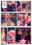 accident animal_print anthro bodily_fluids bottomwear clothed clothing cow_print cowboy femboy fur group hair humor legwear male multicolored_body multicolored_fur stockings sweat teeth text thigh_highs topwear western nagasava latte_queen ailurid mammal red_panda comic english_text hi_res