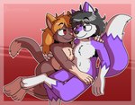 anthro brown_body brown_fur cuddling duo fur hair leg_markings long_hair male male/male markings nude orange_hair purple_body purple_eyes purple_fur red_eyes simple_background socks_(marking) silvrsterlng catboy_(silvrsterlng) shard_glacia canid canine domestic_cat felid feline felis fox mammal hi_res