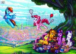 absurd_res applejack_(mlp) ball balloon basket blonde_hair clothing container cowboy_hat defying_gravity dragon earth_pony english_text equid equine fluttershy_(mlp) flying food friendship_is_magic hair hasbro hat headgear headwear hi_res horn horse inflatable jowybean mammal multicolored_hair multicolored_tail my_little_pony mythological_creature mythological_equine mythological_scalie mythology napkin pegasus picnic picnic_basket picnic_blanket pink_hair pink_tail pinkie_pie_(mlp) plant plate pony ponyville rainbow_dash_(mlp) rainbow_hair rainbow_tail rarity_(mlp) scalie spike_(mlp) tail text tree twilight_sparkle_(mlp) unicorn wings