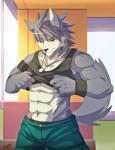 abs anthro athletic biceps big_muscles biped black_nose bottomwear boxers_(clothing) clothed clothing clothing_lift dog_tags fur grey_body grey_fur grey_hair hair jewelry looking_at_viewer male muscular muscular_anthro muscular_male necklace pants pecs pose sagging shirt shirt_lift solo standing sweatband tank_top teeth topwear underwear white_body white_fur wristband yellow_eyes rabbity morenatsu kouya_(morenatsu) canid canine canis domestic_dog husky mammal nordic_sled_dog spitz 2013 digital_media_(artwork) hi_res