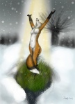 anthro casual_nudity detailed_background dipstick_tail female grass magic markings nude outside plant raised_arm scenery snow solo tail tail_markings tree wood foxia canid canine fox mammal