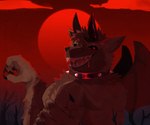 2_horns anthro biped black_sclera collar curved_horn fur grey_body grey_fur horn looking_at_viewer male muscular muscular_anthro muscular_male red_eyes solo spiked_collar spikes fungirussy canid canine canis mammal wolf 2024 hi_res