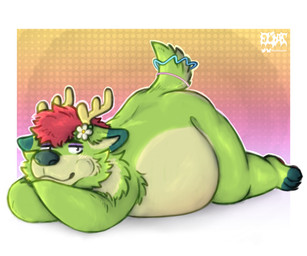 accessory anthro antlers belly big_belly dipstick_ears dotted_background ear_markings flower flower_in_hair fur green_body green_fur hair hair_accessory horn looking_at_viewer lying male markings multicolored_ears on_front overweight overweight_anthro overweight_male pattern_background plant red_hair resting_on_arms resting_on_belly short_tail simple_background solo tail eliaslynxie silly_bandz russelbuck_(character) canid canine deer hybrid mammal 2026 6:5 absurd_res digital_drawing_(artwork) digital_media_(artwork) english_description hi_res