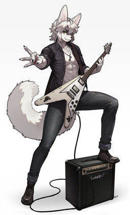abs alternative_fashion amplifier anthro biped bottomwear claws clothed clothed_anthro clothed_male clothing electric_guitar fingers footwear front_view fully_clothed fully_clothed_anthro fully_clothed_male fur guitar hair holding_guitar holding_musical_instrument holding_object jewelry looking_at_viewer male musical_instrument necklace pants plucked_string_instrument rocking_out shoes simple_background smile solo standing string_instrument tail teeth topwear pgm300 fender_musical_instruments_corporation flying_v gibson marshall_amplification canid canine mammal 2026 absurd_res digital_drawing_(artwork) digital_media_(artwork) hi_res