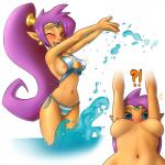 1:1 2018 absurd_res areola belly_focus bikini blue_eyes blush breasts clothing conditional_dnp crown ear_piercing exclamation_point female genie hair headgear hi_res humanoid humanoid_pointy_ears legs_in_water long_hair looking_at_viewer navel nipples not_furry partially_submerged piercing pudgeruffian purple_hair question_mark shantae shantae_(series) solo submerged_legs swimwear tiara two-piece_swimsuit wardrobe_malfunction water wayforward