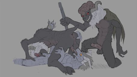 169_position 69_position abs anthro anus balls claws cloak clothing digitigrade erection fellatio feral genitals group group_sex horn humanoid_genitalia humanoid_penis male male/male nude oral pecs penile penis red_eyes sex weapon yellow_eyes murskahammas dark_souls fromsoftware mythology bovid caprine dragon dragonoid_(dark_souls) ghru goat mammal mythological_creature mythological_scalie reptile scalie 16:9 widescreen