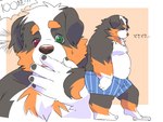 anthro belly black_body brown_body clothing green_eyes kemono male moobs overweight overweight_male red_eyes simple_background solo surprised text underwear white_body inunoshippo bernese_mountain_dog canid canine canis domestic_dog mammal molosser mountain_dog swiss_mountain_dog 2025 4:3 hi_res japanese_text