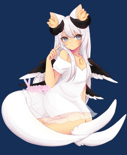 animal_ears clothing dress exposed_shoulder female gem gem_on_chest grey_eyes hair horn solo tail wings yumemin humanoid