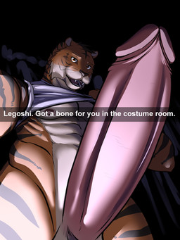 abs anthro clothed clothing clothing_lift erection fangs foreskin genitals glans humanoid_genitalia humanoid_penis low-angle_view male muscular orange_body penis retracted_foreskin selfie selfie_with_penis shirt shirt_lift solo teeth text topwear iudicium86 beastars snapchat bill_(beastars) felid mammal pantherine tiger english_text hi_res