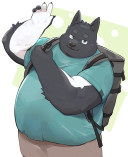 anthro backpack belly big_belly black_body black_nose bottomwear clothing humanoid_hands kemono male overweight overweight_male shirt shorts solo topwear en_1_9 canid canine canis domestic_dog mammal 2024 absurd_res hi_res