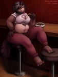 anthro bar barefoot bedroom_eyes belly belly_tuft big_belly big_breasts bottomwear breasts brown_body brown_fur brown_hair choker cleavage cleavage_cutout clothed clothing collar cutout ear_piercing eating fangs feet female food fur hair hand_on_leg hand_on_thigh heart_clothing heart_hole heart_symbol heart_topwear holding_food holding_object jewelry looking_at_viewer markings narrowed_eyes necklace overweight overweight_anthro overweight_female pants piercing pink_collar pink_eyes red_bottomwear red_clothing red_pants seductive shirt side_eye sitting smile solo spots spotted_body spotted_fur teeth thick_thighs topwear tuft white_clothing white_shirt white_topwear miltonholmes tuzzleton leena_(miltonholmes) hyena mammal 3:4 absurd_res artist_collaboration hi_res