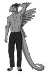 abs anthro biceps biped bottomwear bulge chest_tuft clothed clothing crotch_tuft digitigrade eyes_closed fangs feathered_crest feathers feet grey_body grey_feathers head_crest horn male muscular muscular_anthro muscular_male pants pawpads paws pecs pit_organ smile solo standing stretching talons teeth toes topless tuft vile_(artist) vile_(vile) drakanguis absurd_res digital_media_(artwork) full-length_portrait hi_res portrait