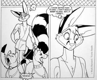 anthro clothed clothing dialogue domestic_pet exclamation_point feral furries_with_pets group interrobang leash male markings question_mark ring_(marking) ringed_tail speech_bubble standing striped_markings striped_tail stripes tail tail_markings text thought_bubble trio terrie_smith havoc_inc. chester_ringtail_magreer bassariscus cacomistle mammal procyonid black_and_white comic english_text monochrome traditional_media_(artwork)