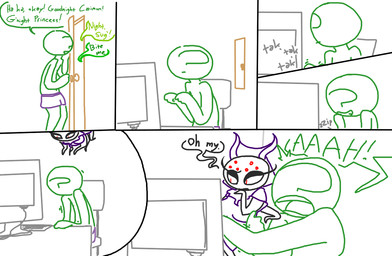 caught_in_the_act computer dialogue electronics male masturbation monster_girl_(genre) short shortstack surprised text the_weaver monstro_village anon meara animal_humanoid arachnid arthropod arthropod_humanoid human humanoid insect insect_humanoid mammal comic english_text monochrome