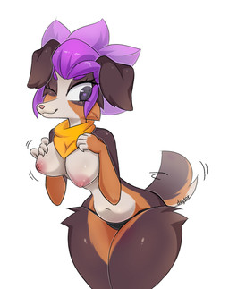 alternate_species anthro breasts clothing eyelashes female floppy_ears fur furrification hair hand_on_breast hand_on_own_breast heart_eyes heart_symbol jiggling kerchief motion_lines multicolored_body multicolored_fur nipples one_eye_closed purple_hair solo tail tail_motion underwear day1or brawl_stars supercell_(company) shelly_(brawl_stars) canid canine canis domestic_dog mammal hi_res