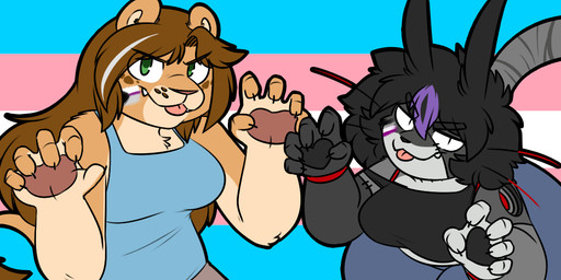 5_fingers anthro asexual_pride_colors black_hair breasts brown_body brown_fur brown_hair duo female fingers fur hair lgbt_pride looking_at_viewer pride_colors simple_background smile tail tongue tongue_out transgender_pride_colors robertge jason_markova sunnet domestic_cat felid feline felis lion mammal pantherine 2026 digital_media_(artwork) trans_(lore)