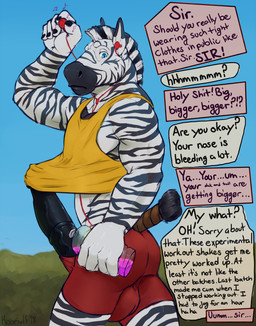animal_genitalia animal_penis anthro balls balls_expansion balls_outline beverage big_balls big_penis black_penis bottomwear bulge butt butt_shot clothed clothing detailed_bulge dialogue equine_genitalia equine_penis erection erection_under_clothing exercise expansion fur genital_expansion genital_outline genitals hair huge_balls huge_penis hyper hyper_genitalia hyper_penis male medial_ring muscular muscular_male offscreen_character partially_clothed penis penis_expansion penis_poking_out scientific_experiment shirt shorts simple_background solo speech_bubble standing striped_body striped_fur stripes tank_top tenting text thick_penis topwear vein veiny_penis white_body white_fur workout koorivlf zack_(koorivlf) equid equine mammal zebra 2018 digital_media_(artwork) english_text hi_res