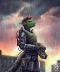 anthro armor blurred_background brown_hair clothed clothing eyes_closed green_body hair headgear helmet holding_armor holding_headgear holding_helmet holding_object logo male outside raining short_hair solo standing text cereus93 scalie artist_logo artist_name portrait three-quarter_portrait