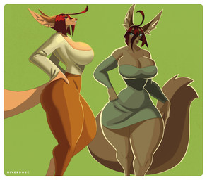 anthro armwear big_breasts bob_cut border bottomwear breasts brown_nose claws cleavage_cutout clothed clothing cutout detached_sleeves dress duo ears_up female fluffy fluffy_tail front_view fur green_eyes hair hand_on_butt hand_on_hip hand_on_leg hand_on_thigh high_waisted_bottomwear inner_ear_fluff long_ears long_sleeve_shirt pants pointy_ears red_hair rim_light shirt short_dress side_view simple_background small_waist smile tail thick_thighs tight_clothing tight_topwear topwear tuft white_border yellow_body yellow_fur hiverdose ilia_(hiverdose) canid canine canis jackal mammal digital_media_(artwork) hi_res