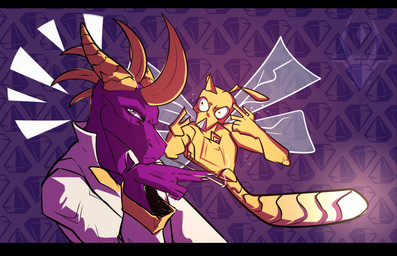 5_fingers aged_up anthro anthrofied black_bars clothing dress duo fingers gesture hair hand_gesture horn jojo_pose male personal_grooming pointing pose styling_hair tail wings lastkrystaldragon activision menacing_(meme) mythology spyro_the_dragon sparx spyro arthropod dragon dragonfly insect mythological_creature mythological_scalie scalie 2020 digital_media_(artwork) hi_res letterbox meme