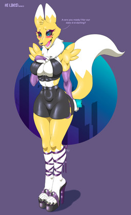 anthro arm_tuft armwear big_breasts black_bottomwear black_clothing black_nails black_nose black_sclera black_skirt black_topwear blue_background blue_eyes bottomwear breasts cleavage clothed clothing colored_nails dialogue dipstick_ears dipstick_tail ear_markings electronics eyeshadow fangs feet female footwear front_view fur hand_on_chest high_heels holding_object holding_phone looking_at_viewer makeup markings multicolored_ears nails navel_outline phone platform_footwear platform_heels purple_armwear purple_background purple_clothing purple_eyeshadow shoes shoulder_tuft simple_background skirt solo tail tail_markings talking_to_viewer teeth text thick_thighs topwear tuft white_body white_fur wide_hips yellow_body yellow_fur hiliwd bandai_namco digimon digimon_(species) renamon absurd_res hi_res