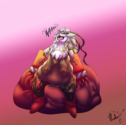 ambiguous_gender ambiguous_prey anthro belly belt big_belly bottomwear breasts clothing cybernetic_arm cybernetic_limb featureless_breasts female fur grey_body grey_fur grey_hair hair mask mechanical_arm multicolored_body multicolored_fur neck_tuft open_mouth pants rumbling_stomach sitting solo sound_effects star teeth text tongue tongue_out tuft two_tone_body two_tone_fur vore white_body white_fur zipper radarn_(artist) bandai_namco digimon digimon_(species) wolvermon 2025 english_text hi_res line_art monochrome