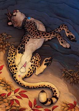 anatomically_correct anatomically_correct_genitalia animal_genitalia animal_penis anus balls butt claws collar countershade_torso countershading erection eyes_closed fangs feet feline_genitalia feline_penis feral fur genitals hair happy lying lying_on_ground male nature on_back on_ground outside pawpads paws penis relaxing sheath smile solo spots stretching tail tail_anus tan_body tan_fur teeth toes anchee eagle_orion cheetah felid feline mammal 2026 absurd_res digital_drawing_(artwork) digital_media_(artwork) hi_res