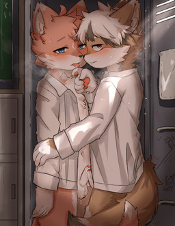 5_fingers ahoge anthro anthro_on_anthro ball_tuft balls biped blue_eyes blush blush_lines bodily_fluids bottomless bottomless_anthro bottomless_male brown_body brown_fur cheek_tuft chest_tuft claws clothed clothed_anthro clothed_male clothing collared_shirt countershade_fur countershading dipstick_ears dipstick_tail dress_shirt drooling duo ear_markings erection eyebrows facial_markings facial_tuft finger_claws fingerpads fingers forehead_markings foreskin frottage fur genital_fluids genitals glans gloves_(marking) grey_hair grey_markings grey_tail_tip hair half-closed_eyes head_markings humanoid_genitalia humanoid_penis inner_ear_fluff inside kemono light locker looking_at_viewer male male/male male_anthro markings multicolored_body multicolored_ears multicolored_fur multicolored_hair narrowed_eyes open_clothing open_mouth open_shirt open_topwear orange_body orange_eyebrows orange_fur orange_glans orange_pawpads partially_retracted_foreskin pawpads penile penis penises_touching precum precum_string pupils purple_eyes saliva saliva_on_hand sex shirt shota standing sweat tail tail_markings tongue tongue_out topwear tuft white_balls white_body white_clothing white_countershading white_dress_shirt white_eyebrows white_fur white_hair white_inner_ear white_inner_ear_fluff white_markings white_penis white_shirt white_tail_tip white_topwear young young_anthro young_male young_on_young kitune1tu canid canine fox mammal hi_res