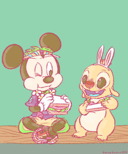 3_toes ambiguous_gender antennae_(anatomy) anthro blue_tongue bread brown_body brown_eyes brown_nose clothed clothing crossed_legs dipstick_antennae duo easter_egg eating fake_ears fake_rabbit_ears feet floral flower flower_garland food garland gloves gold_body green_background handwear holding_food holding_object holidays lei looking_at_another male multicolored_antennae one_eye_closed plant purple_mouth red_nose sandwich_(food) simple_background sitting toes tongue white_clothing white_gloves white_handwear kurokuma824 disney easter lilo_and_stitch mickey_mouse reuben_(lilo_and_stitch) alien experiment_(lilo_and_stitch) house_mouse mammal mouse murid murine rodent 2015 signature