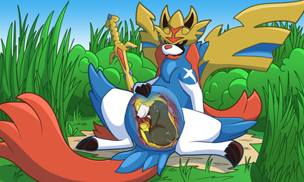 3_toes belly big_belly blue_body blue_fur bodily_fluids claws detailed_background duo ears_back endosoma feet feral fur grass grin internal looking_at_viewer male melee_weapon multicolored_body multicolored_fur oral_vore outside pivoted_ears plant safe_vore shrub size_difference smile smirk sword toes vore weapon yellow_body sallandril nintendo pokemon boltund crowned_sword_zacian generation_8_pokemon legendary_pokemon mammal pokemon_(species) zacian 2019 5:3 digital_media_(artwork) hi_res