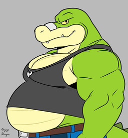 anthro biped black_clothing black_shirt black_tank_top black_topwear bottomwear clothing countershade_face countershade_torso countershading green_body grey_background jewelry male musclegut muscular muscular_male necklace overweight overweight_male pants shirt simple_background solo standing tank_top topwear yellow_body yellow_countershading yellow_sclera gigizadragon brok_the_investigator cowcat_games brok_(brok_the_investigator) alligator alligatorid crocodilian reptile scalie 2026 hi_res