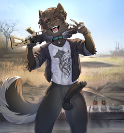 afternoon anthro black_clothing black_nose black_shirt black_topwear bottle clothed clothing collar container dark_body dark_fur dark_hair dark_penis dark_tail dead_tree desert destroyed_building erection fingerless_gloves fur genitals gesture gloves grey_body grey_fur gun gun_on_back hand_gesture handwear happy hat headgear headwear holding_object holding_ranged_weapon holding_weapon humanoid_genitalia humanoid_penis logo looking_at_viewer male nuka-cola open_mouth outside pantsless penis piercing pink_tongue plant ranged_weapon rifle shirt sky solo street tail teeth text tongue topwear tree v_sign weapon wheat white_clothing white_fingers white_shirt white_topwear fartingdoggi galdway dc_shoes fallout microsoft brayan_(a-doss) canid canine mammal english_text hi_res