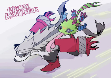 ambiguous_gender anthro cybernetics duo fur grey_body grey_fur hair long_hair long_tongue machine mask mechanical_arm prehensile_tongue running size_difference text tongue tongue_out dk_digimon bandai_namco digimon digimon_beatbreak naruto_run cyborg digimon_(species) gekkomon scalie wolvermon animated english_text meme no_sound short_playtime video