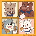 anthro apron bow_tie brown_body brown_fur chibi clothing cute_fangs fur grey_body grey_fur group hat headgear headwear kemono male open_mouth scar sayolino kumalino sanrio brew_(kumalino) drip_(kumalino) roast_(kumalino) syrup_(kumalino) bear mammal 1:1 2023